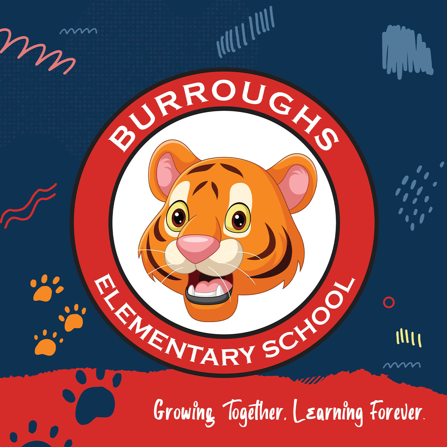 Burroughs Elementary School cartoon tiger mascot logo with slogan “Growing Together. Learning Forever.”