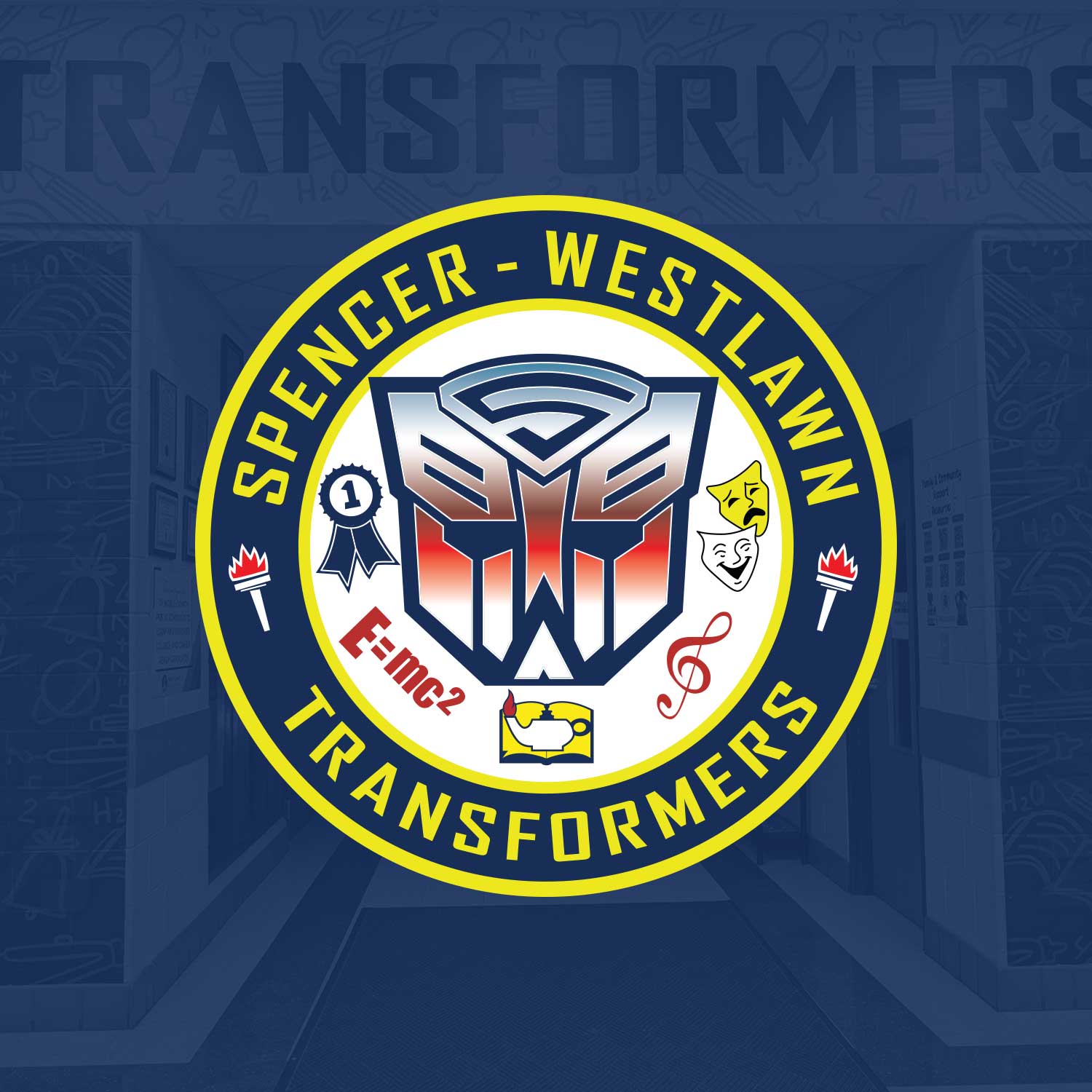 Spencer–Westlawn Transformers school logo with academic and arts icons.