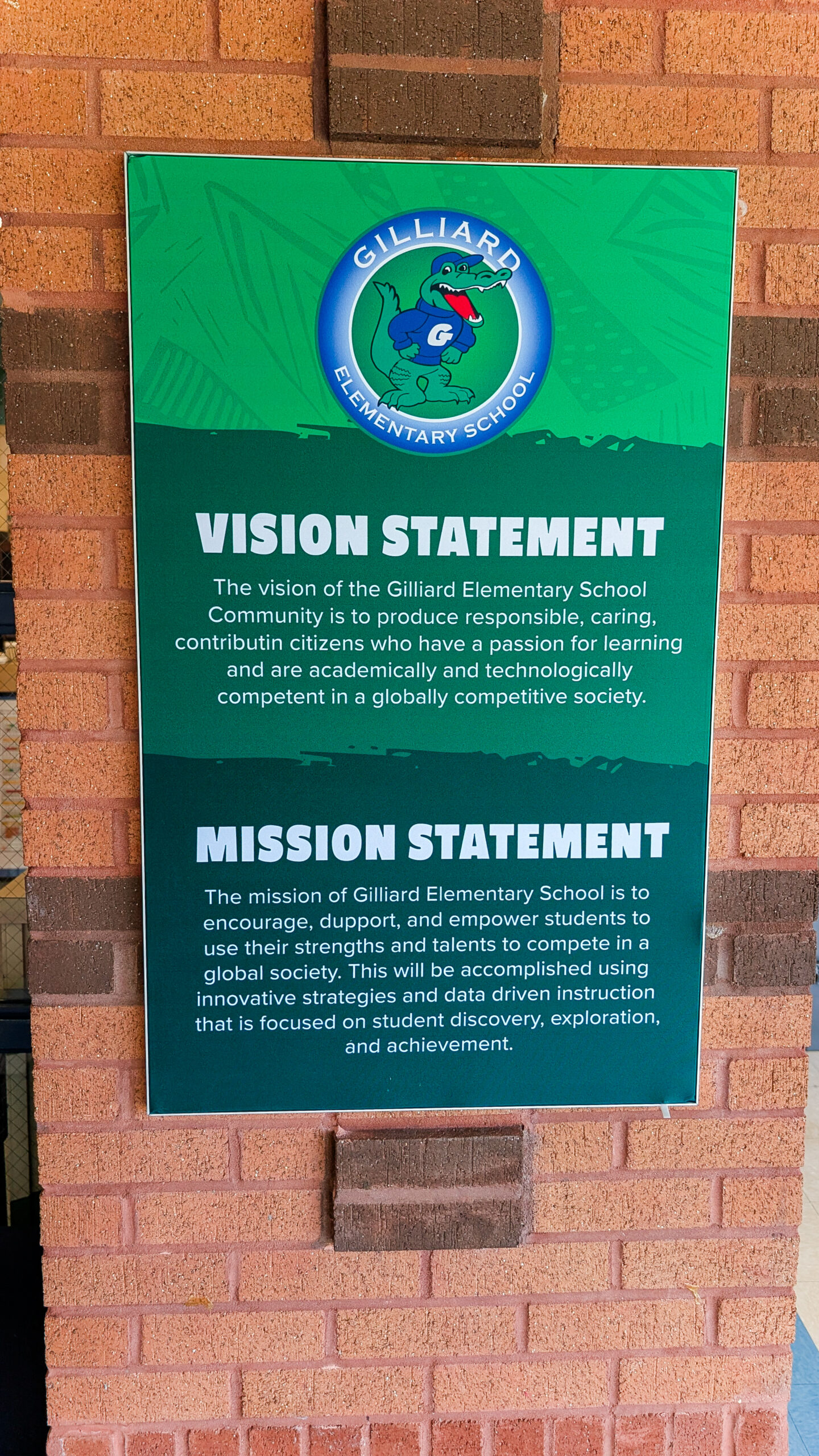Vision and mission statement silicone edge graphic installed at Gillard Elementary School in Mobile, Alabama.