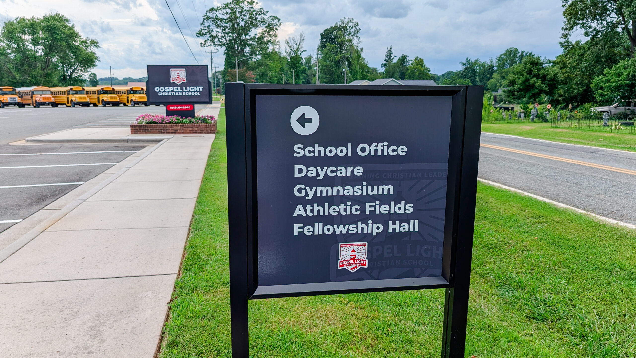 ACM directional signage installed at Gospel Light Christian School in Walkertown, North Carolina.