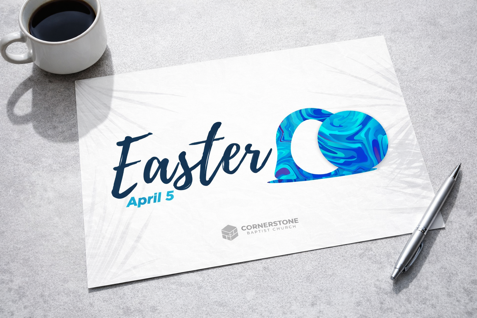 Easter Sunday church invite design for Cornerstone Baptist Church featuring bold blue typography and modern circular graphics