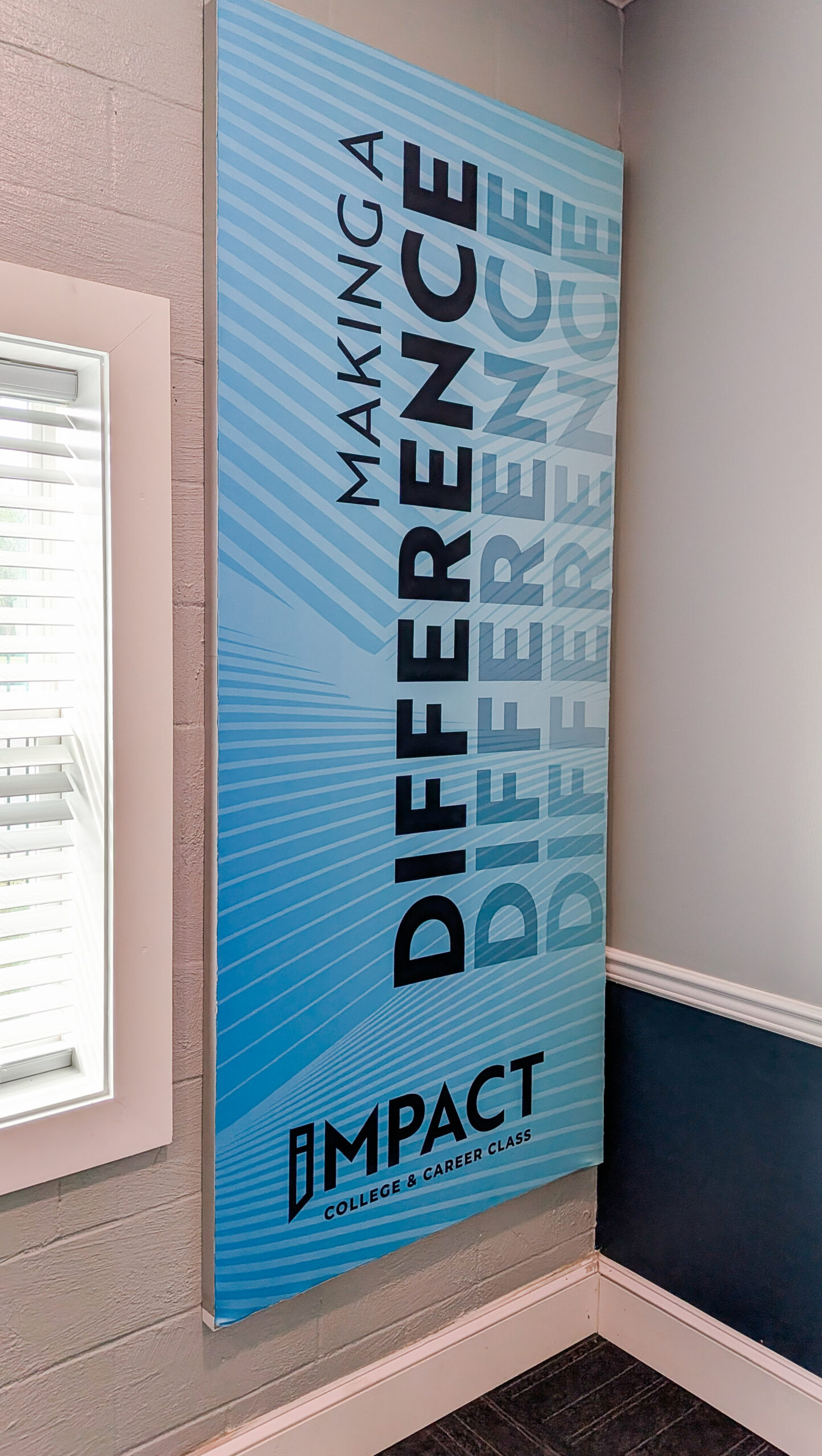 SEG fabric wall graphic for church singles ministry classroom with modern blue design
