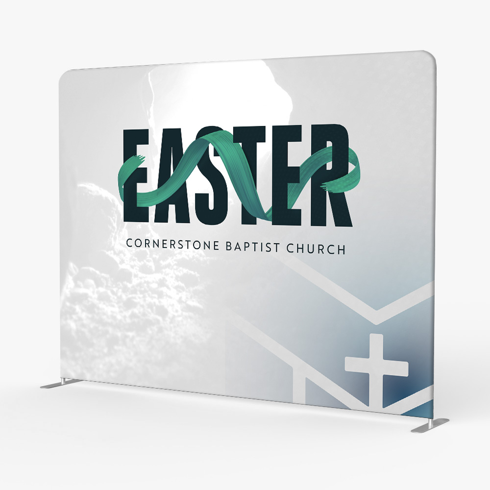 Custom Easter stage backdrop designed for Cornerstone Baptist Church featuring modern typography and symbolic Christian imagery.