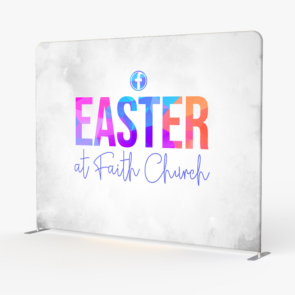 Custom Easter photo backdrop for Faith Church featuring spring flowers and church branding.