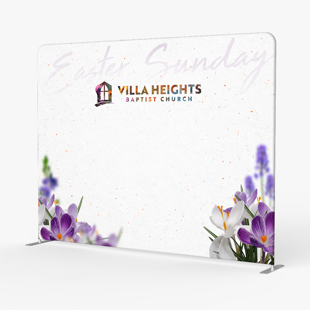 Custom Easter photo backdrop for Villa Heights Baptist Church featuring spring flowers and church branding.